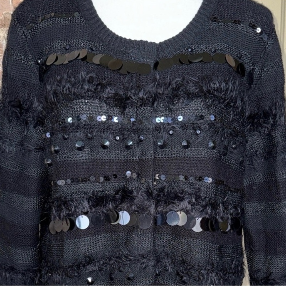 Ruby Rd Black Sequin & Bead Mixed Texture Cardigan Sweater Fuzzy Stripe Sz LG - Picture 12 of 12